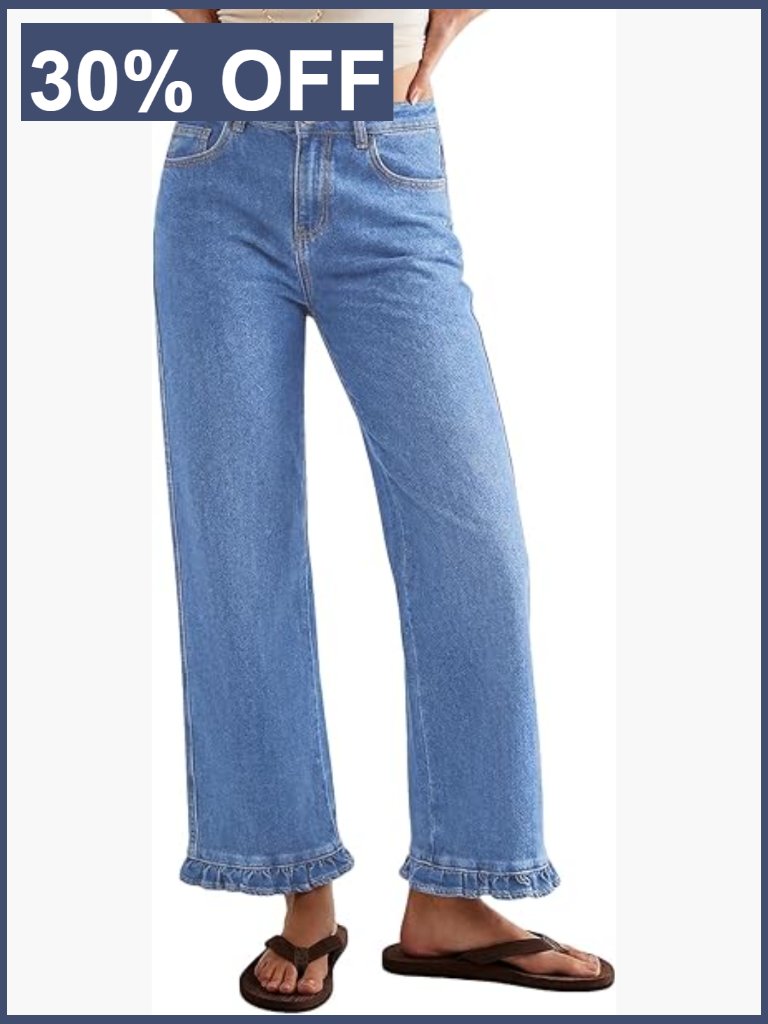 Wide Leg High Rise Stretchy Jeans Ruffle Hem Straight Leg Denim Pants
